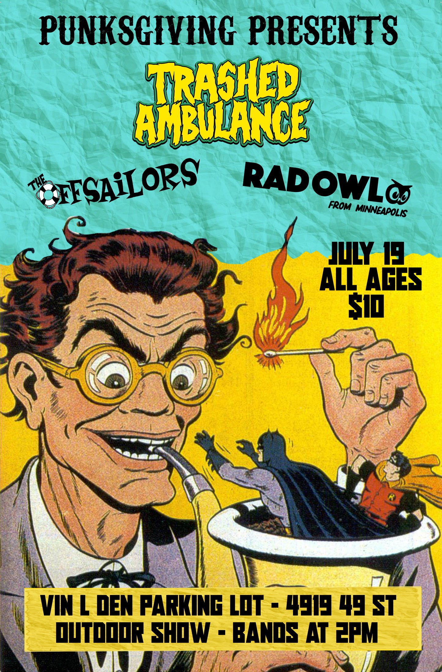 Trashed Ambulance, The Offsailors and Rad Owl in the Vin L Den Parking Lot